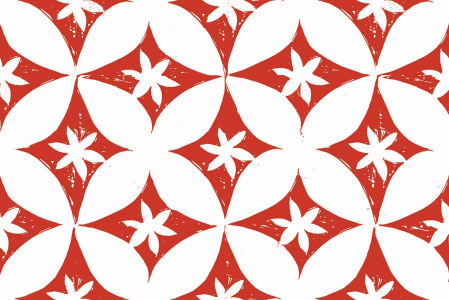 White and Red petals block print by Joan McGuire